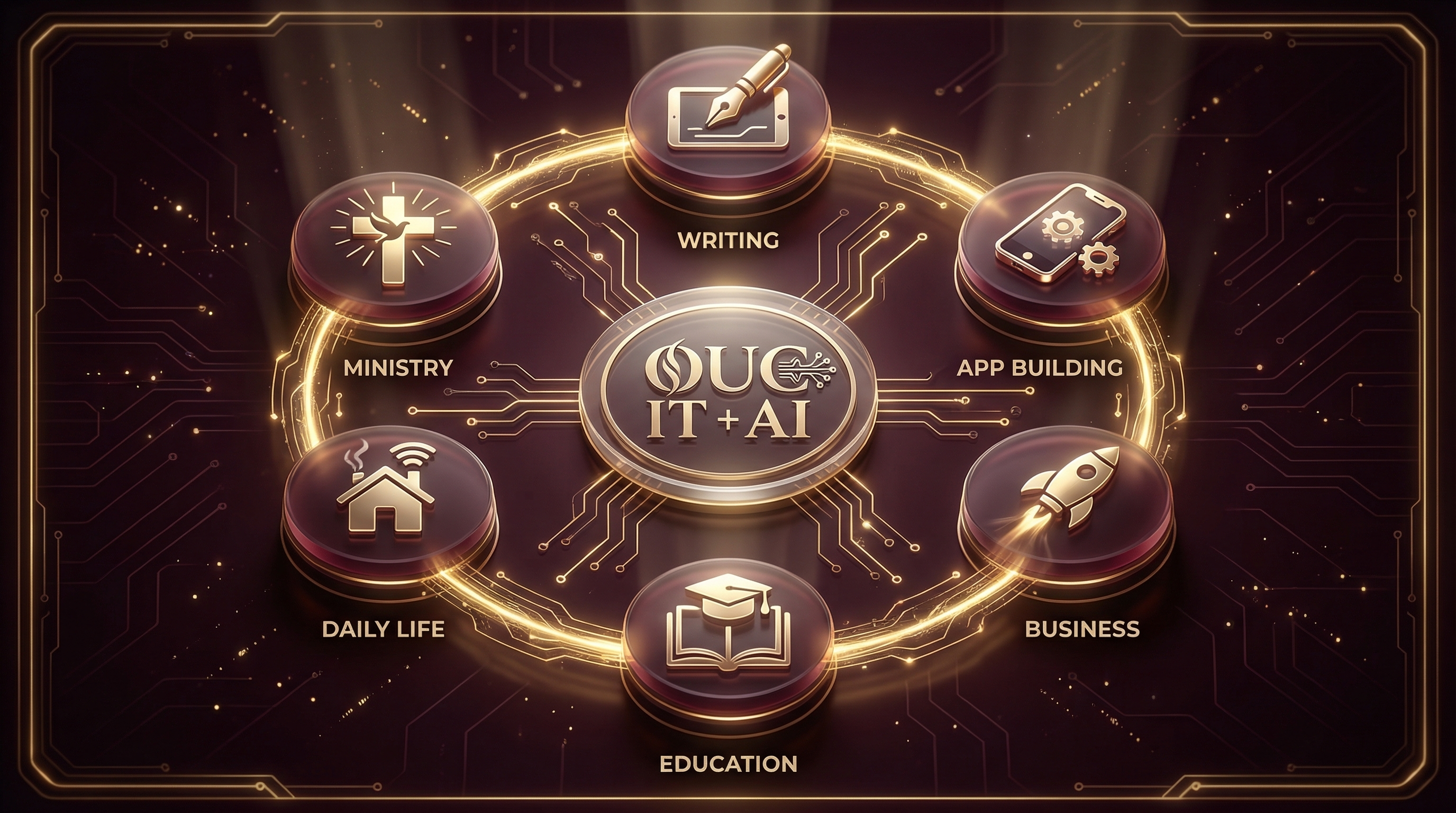 AI Skills Infographic — Writing, Apps, Business, Education, Daily Life, Ministry